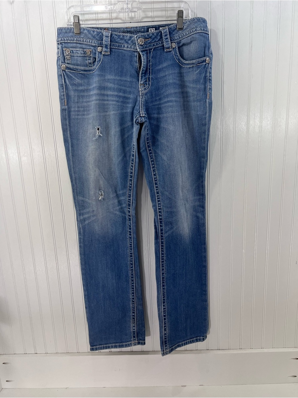 Miss Me Signature Straight Leg Cross Pocket Western Cowgirl Jeans 32 Distressed